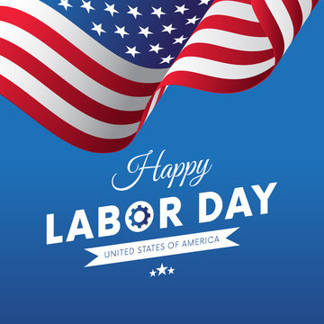 Happy Labor Day. Blue gradient background. Waving flag. White Ribbon. Vector illustration.
