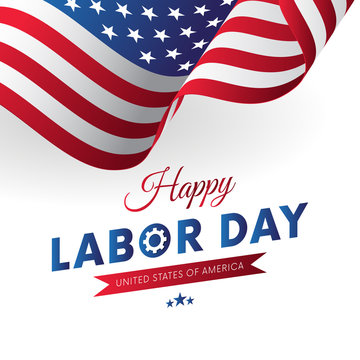 Happy Labor Day. White background. Waving flag. Red gradient ribbon. Vector illustration.
