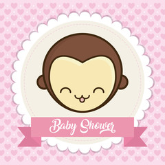 baby shower card with cute monkey icon over pink background colorful design vector illustration