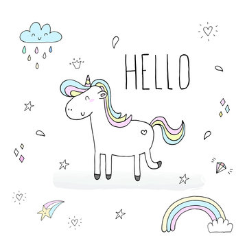 Cute unicorn print for kids. Hello card