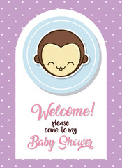 baby shower card with cute monkey icon over purple background colorful design vector illustration