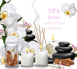 Spa relax card candles, orchid, aromas and stones Vector illustrations