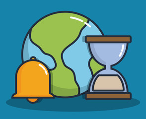 earth planet and hourglass with bell icon over blue background colorful design vector illustration