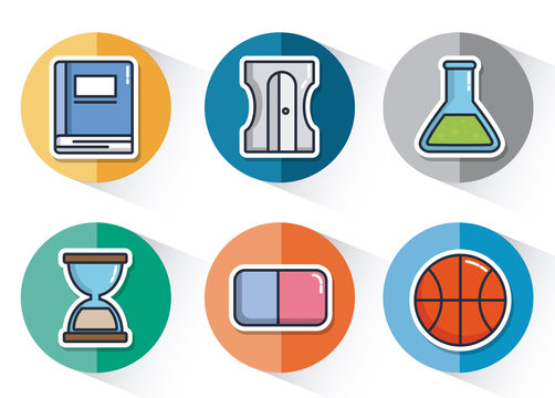 school elements related icons over colorful circles and white background vector illustration