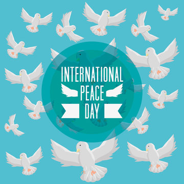 doves around internation peace day emblem icon over turquoise background colorful design vector illustration