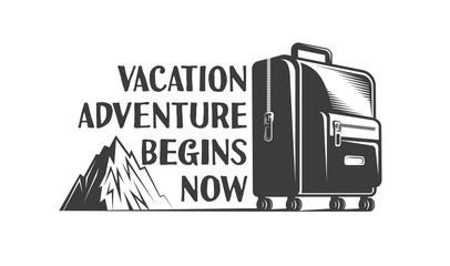 Vacation adventure retro logo with a suitcase on wheels and a mountain