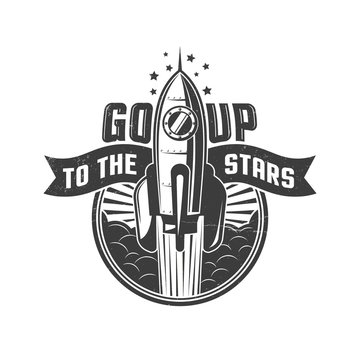 Rocket flying to the stars -  round logo in retro oldschool style.