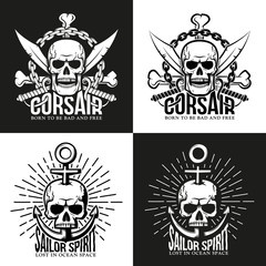 Retro pirate tattoo, emblem with skull, crossed bones, sabers and anchor. For white and dark background. Vector illustration.