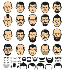 Set of men faces template with different stylish beards, mustaches, and haircuts.  Vector illustration