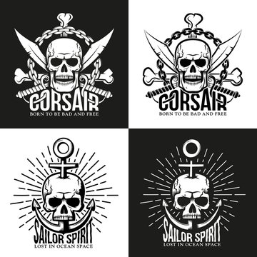 Retro pirate tattoo, emblem with skull, crossed bones, sabers and anchor. For white and dark background. Vector illustration.