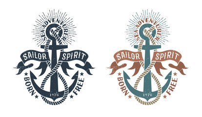 Marine retro emblem in the stamp style. Vintage logo with an anchor, rope and flapping ribbons. Worn texture on a separate layer and can be easily disabled. © Agor2012