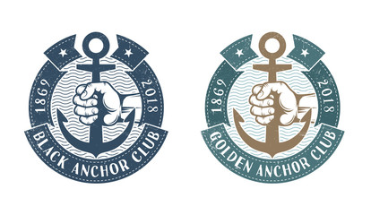 Hand holding an anchor surrounded by heraldic ribbons. Nautical retro logo. Worn texture on a separate layer and can be easily disabled. © Agor2012
