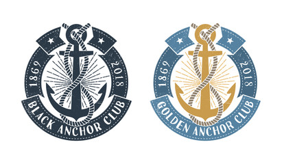 Hipster sea emblem with anchor, rope and  round ribbon with inscription. Monochrome and color options. Worn texture on a separate layer and can be disabled.