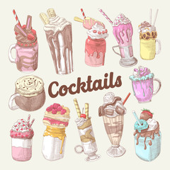 Milkshakes and Ice Cream Hand Drawn Doodle. Dessert Drinks. Vector illustration