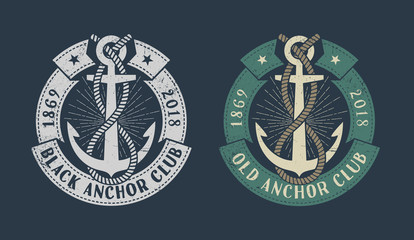 Vintage marine logo with anchor, banner and inscriptions. Monochrome and color versions on dark background. Worn texture on separate layer and can be disabled. © Agor2012