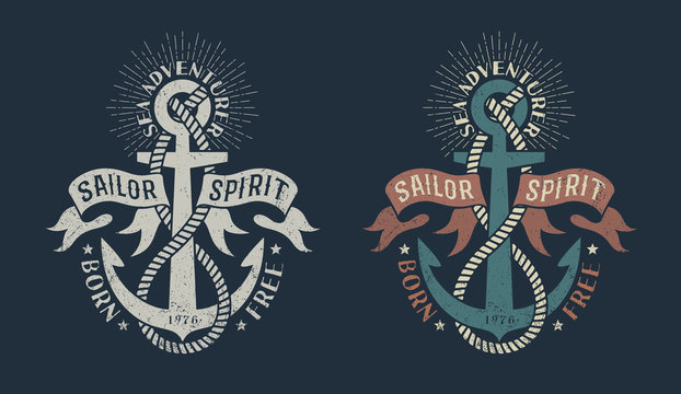 Marine logo, with anchor and heraldic ribbons on dark background. Monochrome and color in retro tones. Worn texture on a separate layer and can be easily disabled.