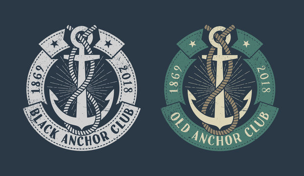 Vintage marine logo with anchor, banner and inscriptions. Monochrome and color versions on dark background. Worn texture on separate layer and can be disabled.