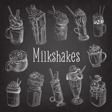 Milkshake and Ice Cream Hand Drawn Doodle. Dessert Drinks on Chalkboard. Vector illustration