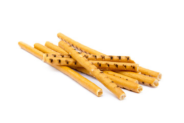 Salty cracker pretzel sticks isolated on white background