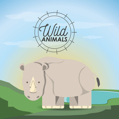 rhino icon over landscape background colorful design vector illustration