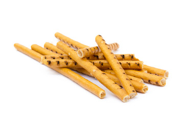 Salty cracker pretzel sticks isolated on white background