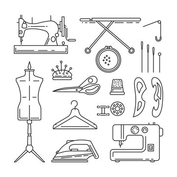 Sewing icons outline vector set. Outline tools and equipment for dressmaker and needlework. Linear vector atelier symbols. Tailor instruments tools kit.