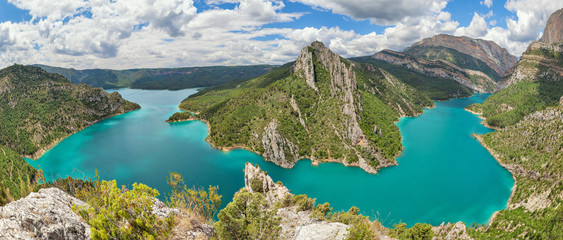 Panorama of Canelles reservoir in La Noguera, Lleida province, Catalonia, Spain - obrazy, fototapety, plakaty