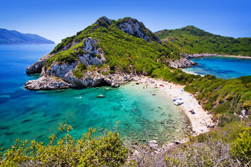 beautiful beach porto timoni near agios stefanos, corfu island, greece - obrazy, fototapety, plakaty