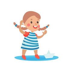 Cute little girl in sailors costume playing with paper boat, kid dreaming of becoming a sailor vector Illustration