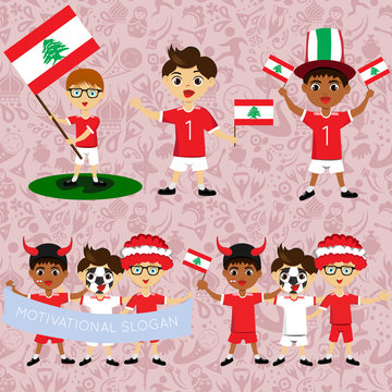 Set of boys with national flags of Lebanon. Blanks for the day of the flag, independence, nation day and other public holidays. The guys in sports form with the attributes of the football team