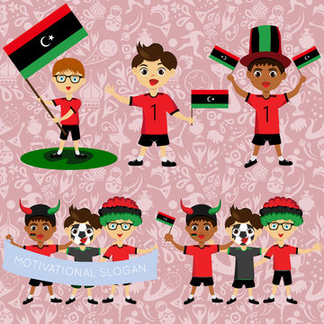 Set of boys with national flags of Libya. Blanks for the day of the flag, independence, nation day and other public holidays. The guys in sports form with the attributes of the football team