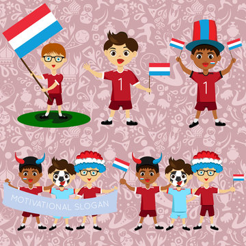Set of boys with national flags of Luxembourg. Blanks for the day of the flag, independence, nation day and other public holidays. The guys in sports form with the attributes of the football team