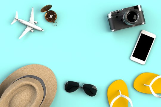 Top view of Traveler's accessories on blue table background, Essential vacation items, Travel concept, 3D rendering