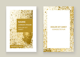 Gold paint splash, splatter explosion glitter artistic frame covers design. Decorative christmas texture Spray granite golden yellow white backgrounds. Trendy template vector for flyer, banner