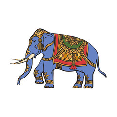 Fototapeta premium vector sketch cartoon indian gold decorated oriental elephant. Isolated illustration on a white background. Traditional eastern festive animal with big tusks. Hand drawn sri-lanka , india symbols