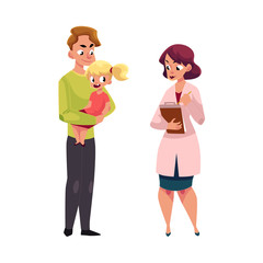 Father holding girl, kid in hands and woman doctor, pediatrician filling in medical card, cartoon vector illustration isolated on white background. Doctor, pediatrician and father with child, kid