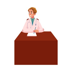 Young man doctor, therapist sitting at his desk with medical, patient chart, cartoon vector illustration isolated on white background. Cartoon man doctor sitting at the table, ready to see a patient