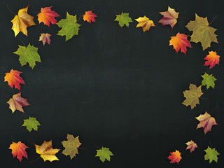 3d illustration of autumn leaves on a school board.