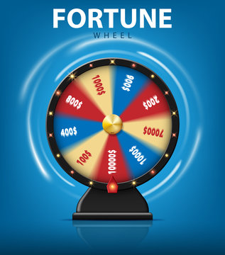 Realistic 3d spinning fortune wheel isolated on blue background. Lucky roulette for online casino. vector illustration