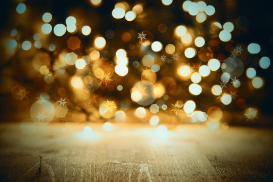 Golden Christmas Lights Background, Celebration Or Party Texture With Wood