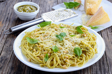 delicious italian spaghett with sauce pesto