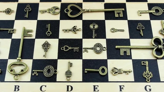 Vintage keys on a chessboard