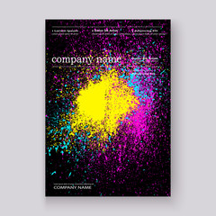 Neon colorful explosion paint splatter artistic covers design. Decorative bright texture splash spray on black backgrounds. Trendy template vector for Cover Report Catalog Brochure Flyer Poster Banner