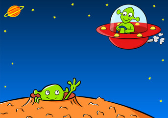 Außerirdischer Winkt  zu einem anderen Alien in einem UFO © antimartina