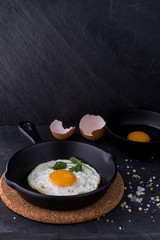fried egg in black pan and ingredient on dark background