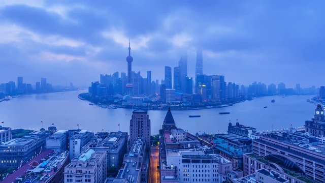 4K: From Dawn to Sunrise,China Shanghai Skyline, Zoom in Time lapse.