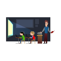 Lesson in classroom at school or college, teacher explains lesson near desk in front of students, Children sit on chairs at their desks table to listen teacher, education concept vector illustration
