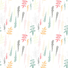 Floral vector seamless pattern with hand drawn wild meadow flowers and leaves.