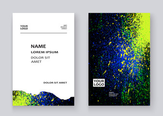 Neon colorful explosion paint splatter artistic covers design. Decorative bright texture splash spray on black backgrounds. Trendy template vector for Cover Report Catalog Brochure Flyer Poster Banner