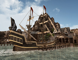 3D Rendering Pirate Treasure Islnad